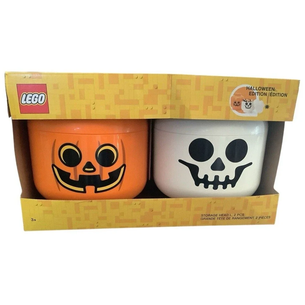 Lego Halloween Storage Heads Jack O Lantern & Skeleton Set Of 2 Orange White